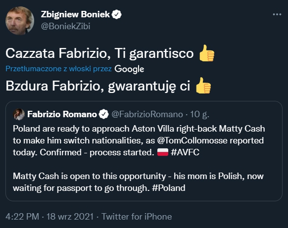 ODPOWIEDŹ Bońka na tweeta Fabrizio Romano o Mattym Cashu!